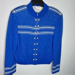 St. John Royal Blue Knit Jacket with White Stripes and Gold Buttons